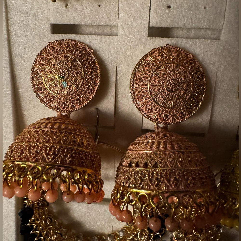 Gold and Brown Filigree Jhumka Earrings